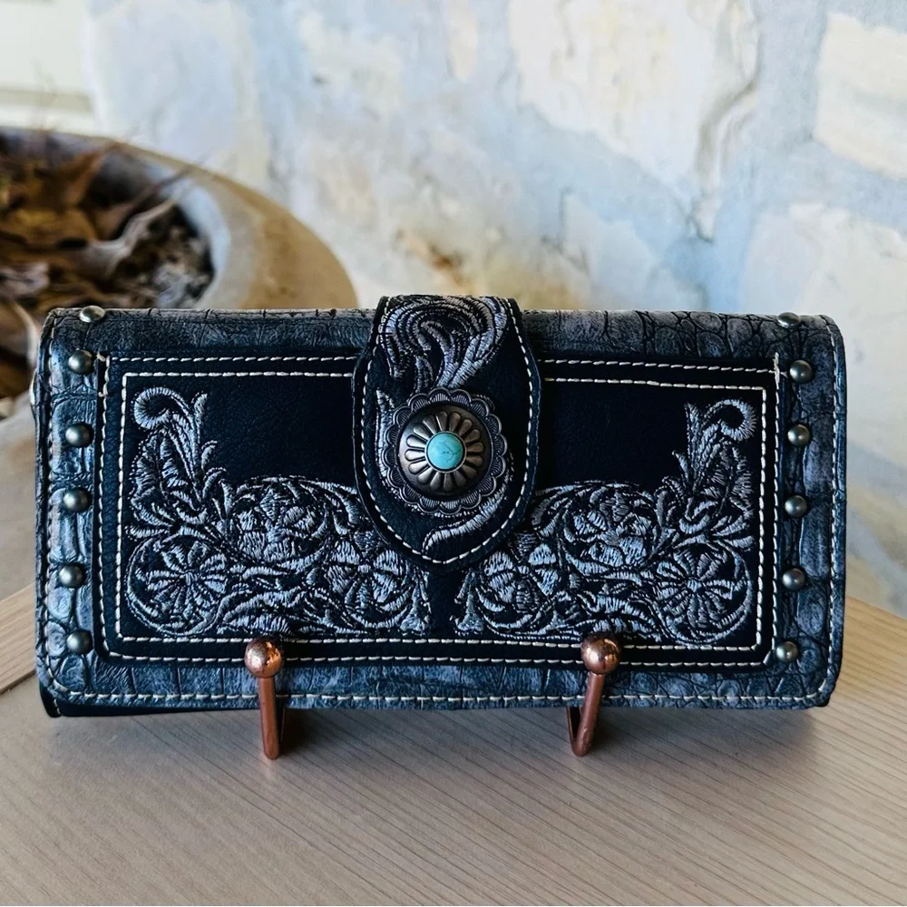 Montana west embroidery buckle black shoulder bag&wallet NWT_9